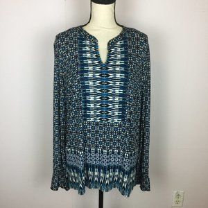 CB Established 1962 Blouse Tunic Top Sz L Womans Blue Printed Knit Long Sleeve